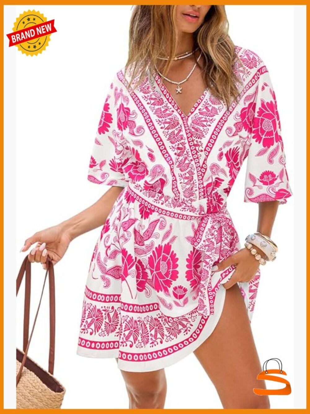 Boho Floral Mini Sundress V Neck Tie Waist A-Line Short Sleeve
